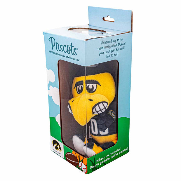 Iowa Herky Mascot Pacifier Holder Plush Toy shown on side