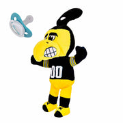Iowa Herky Mascot Pacifier Holder Plush Toy size view offers  a great view of this pacifier holder.  